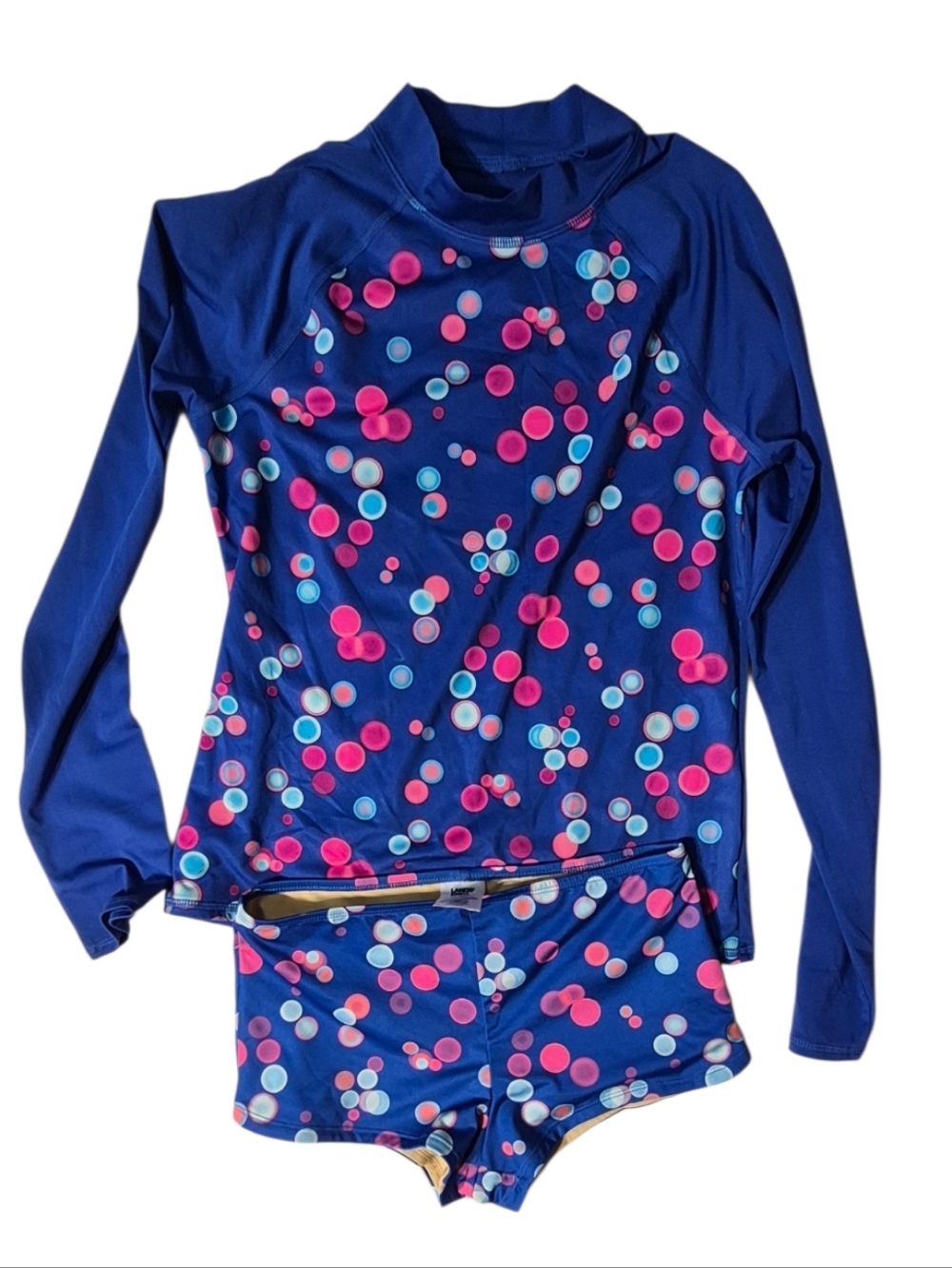 Lands' End Girls' Navy Rashguard Set with Bright Dot Print 14/16